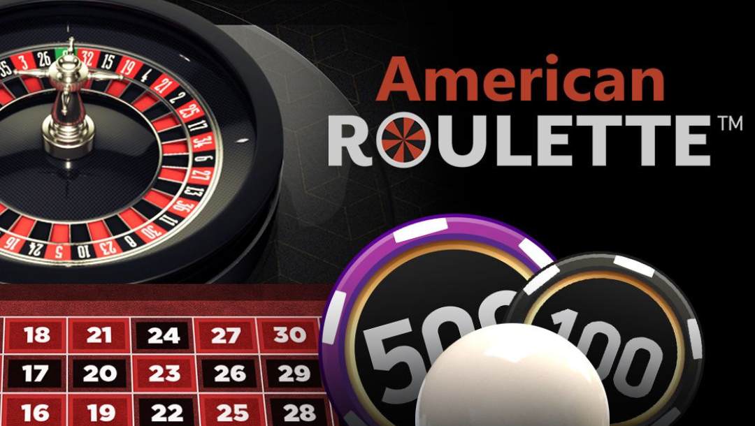 A promotional title image for the American Roulette game. The game title, two casino chips, a roulette ball, the roulette table, and the Roulette wheel are on a black background.