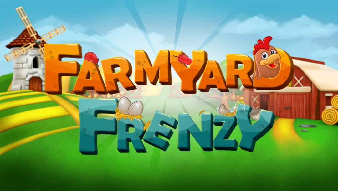 The Farmyard Frenzy game banner. The background is a cartoon-style farm with a barn, windmill, and fields, and a bright sun shining over the horizon. In the foreground is the game title “Farmyard Frenzy” with a chicken sticking it’s head through the letter D and two chicken eggs sitting on top of the letter R.