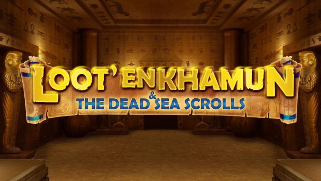 The Loot’enKhamun and the Dead Sea Scrolls slot banner. The setting is a room inside an ancient Egyptian building with hieroglyphics on the wall. There are sarcophagi on either side of the room. In the foreground is a scroll with the game title on it.