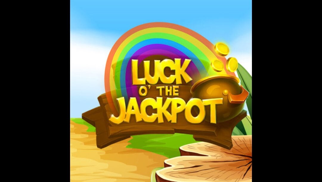 The "Luck O' the Jackpot" title in bold, 3D gold lettering mounted on a rustic wooden sign, with a colorful rainbow arching over the top and a gold pot of coins on the edge.