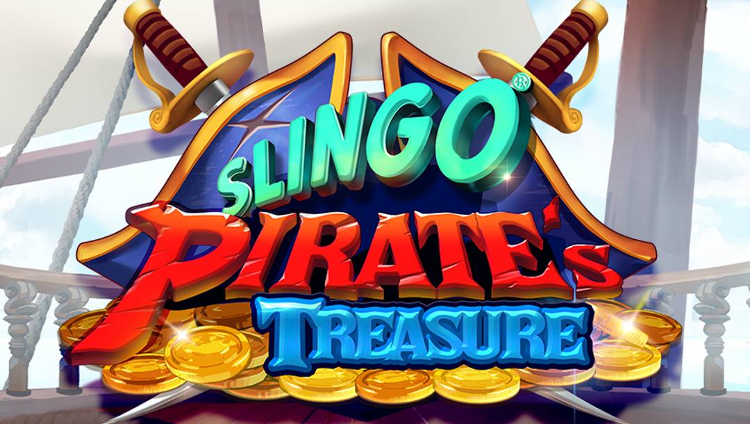 The Slingo Pirate’s Treasure banner. The background is a foggy pirate ship deck. In the foreground is a pirate hat with two swords behind it on top of a pile of gold coins. The game title is in front of the pirate hat.