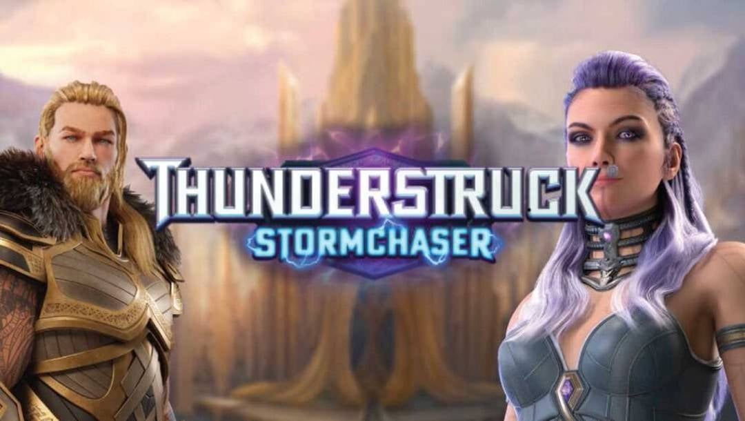 A screenshot of the title screen in Thunderstruck Stormchaser. In the background is the city of Asgard with Thor, the God of Thunder, on the left of the title and Thyra, the Goddess of Wildstorms, on the right.