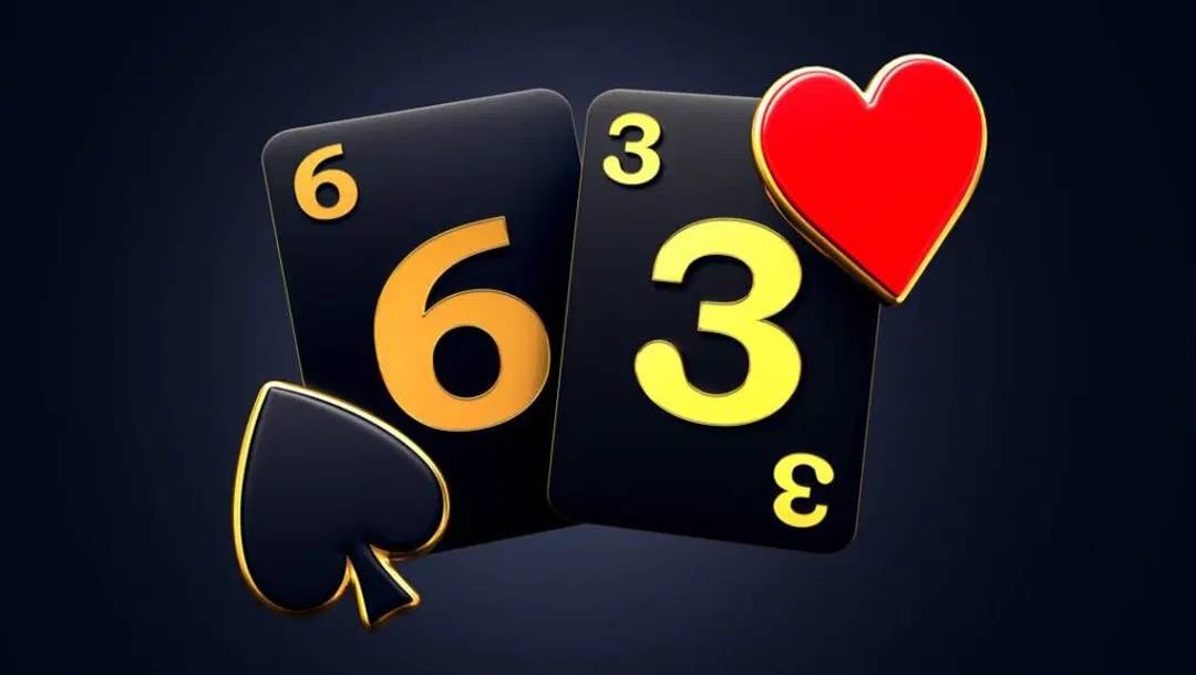 Two black playing cards showing a 6 and a 3 float against a dark background alongside red heart and black spade symbols.