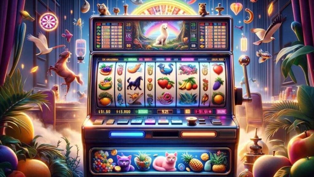 A classic slot machine surrounded by floating animals, birds, and fruits in a whimsical fantasy room setting.