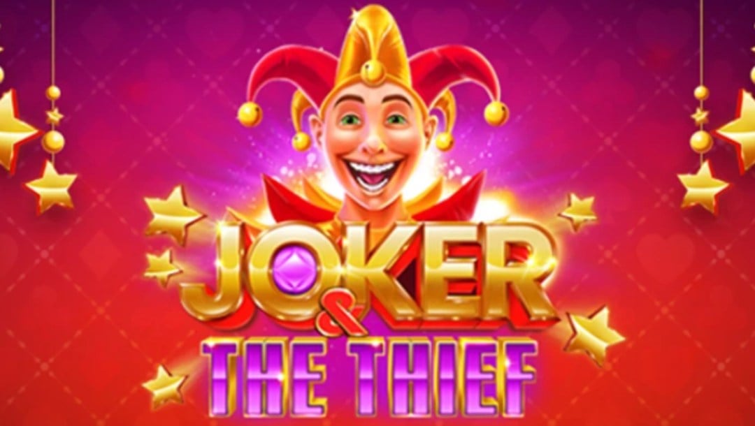 Joker & the Thief slot title in gold and purple with a smiling green-eyed man in a jester’s cap and gold stars against a red background.