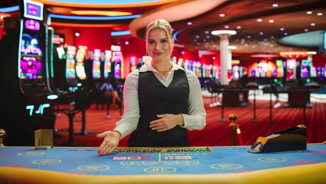 A female dealer gesturing towards a casino table game in a casino.
