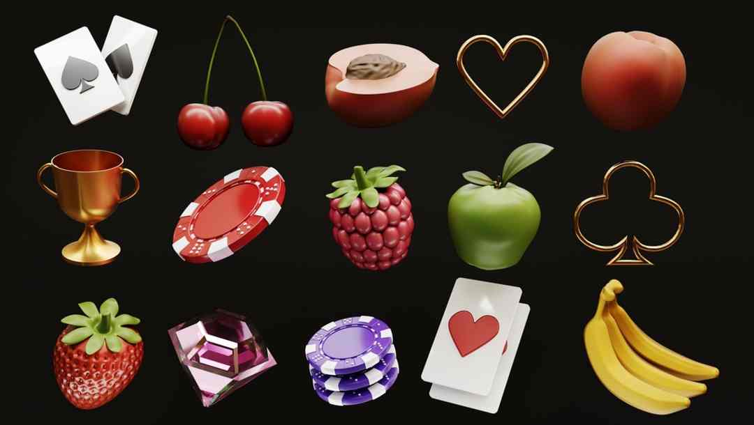 Several different classic slot machine symbols rendered in 3D. These include symbols like fruit, jewels, poker chips, cards, and a trophy on a black background.