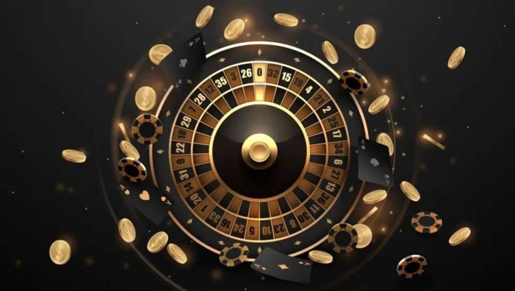 A black-and-gold roulette wheel surrounded by floating coins, playing cards, and casino chips against a dark background.