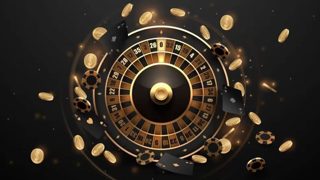 A black-and-gold roulette wheel surrounded by floating coins, playing cards, and casino chips against a dark background.