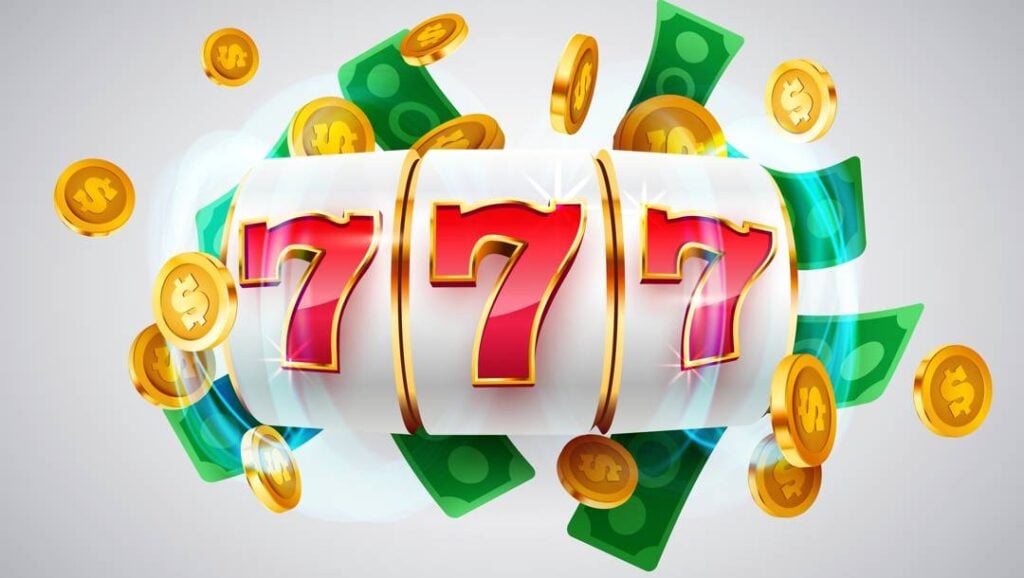 Slot machine reels displaying winning red sevens surrounded by floating gold coins and dollar bills.