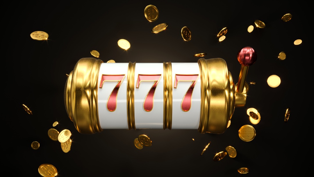 Gold and white slot reel with three red number sevens on the reels. The background is black with gold coins floating.