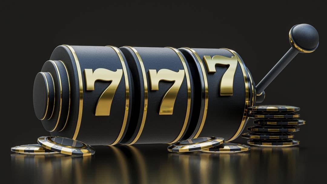 A 3D-rendered black and gold slot reel with a lever surrounded by stacks of black and gold casino chips.