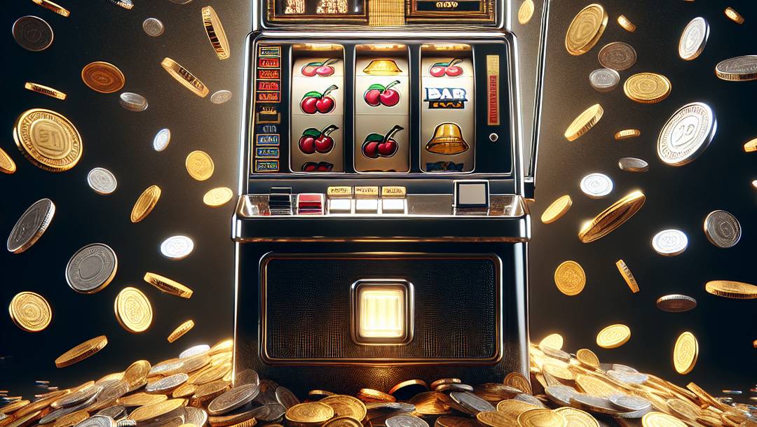A slot machine balanced on a pile of coins with more coins falling down around it.