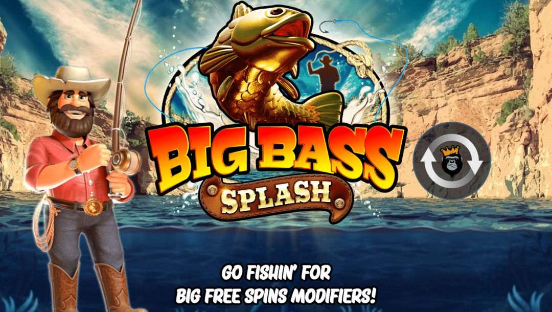 The title screen for Big Bass Splash featuring the game’s main character standing next to the logo, fishing rod in hand, with mountains and a body of water in the background.