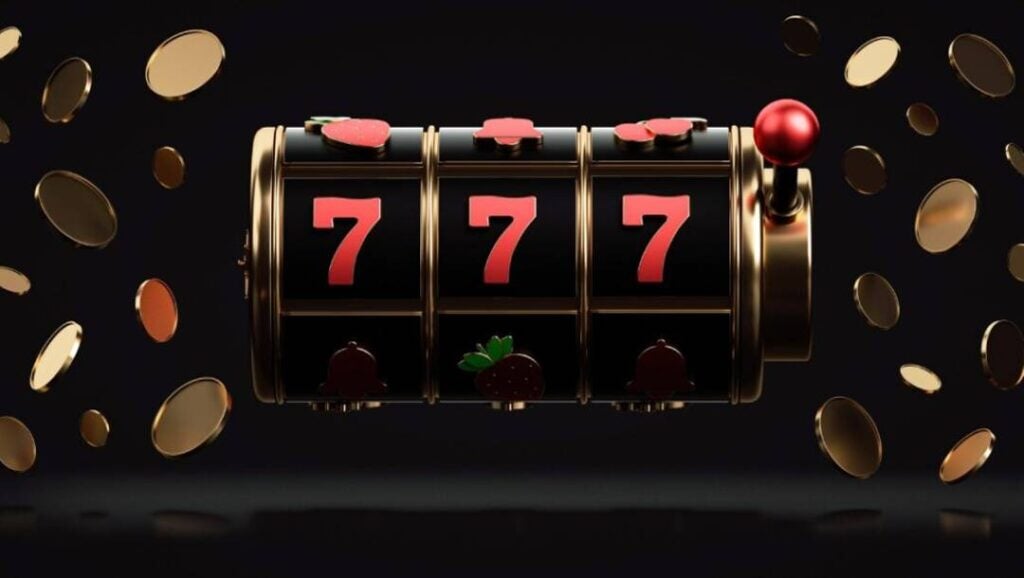 3D render of a black and gold slot machine reel displaying lucky red sevens surrounded by floating gold coins against a dark background.