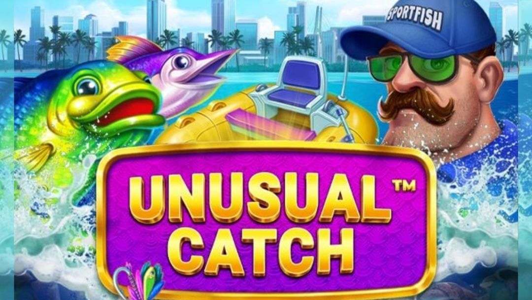 The title screen of the Unusual Catch slot game, featuring the game’s main character, an inflatable boat, a purple fish, and a green and blue fish next to the game logo with a coastal city in the background.
