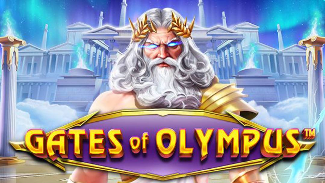 Gates of Olympus online slot game with a gold and purple logo. The character Zeus with silver hair stands above the logo. There is a large ancient Greek building in the background with a blue sky.