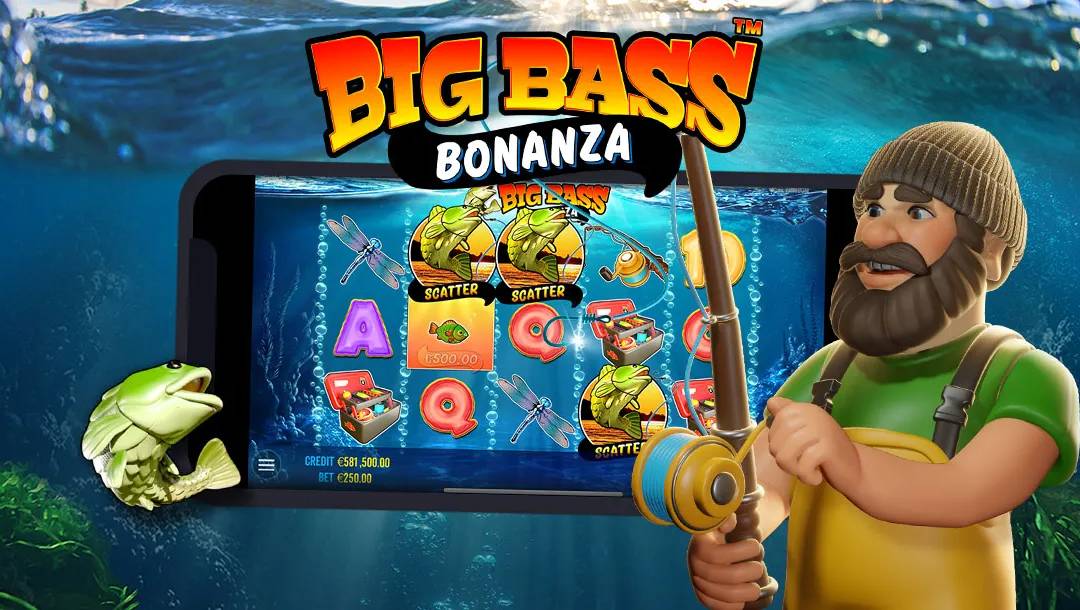 A promotional banner for Big Bass Bonanza, with the game title at the top. The backdrop is an underwater setting with ocean plants visible on the left and right. A smartphone is visible in the center of the backdrop with the Big Bass Bonanza slot on the screen. A computer-generated cartoon fisherman is to the right of the reels and a computer-generated bass is on the left.