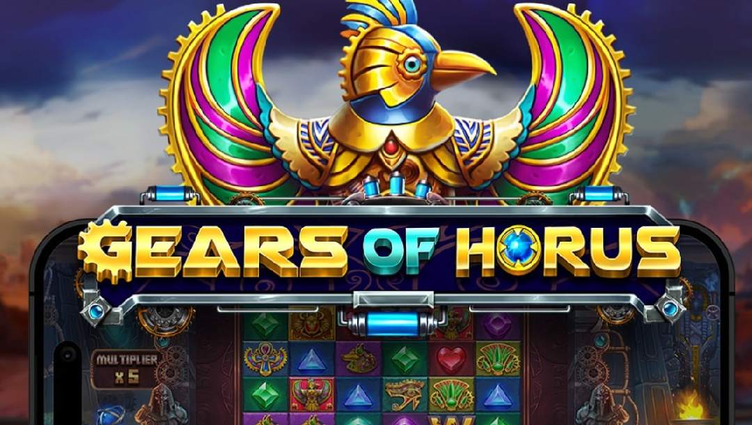 A title screen for the Gears of Horus slot game showcasing a golden bird with blue details on its face, purple and green details on its wings, and gear-like ridges along the edges.