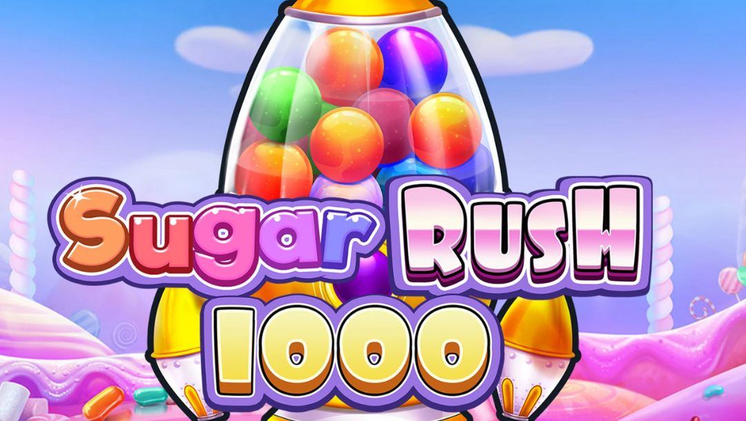 The title screen for Sugar Rush 1000, featuring the game’s Scatter symbol (a gumball machine shaped like a rocket) on a background of a pink candy land.