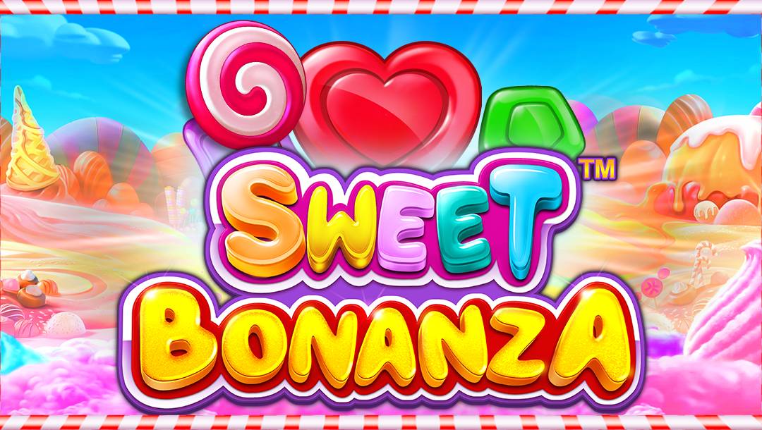 A Sweet Bonanza promotional banner. The game’s title is visible in the center of the screen in a bouncy and bright font with different candies above it. The background is a mouth-watering candy-themed paradise with chocolate rocks, candy floss bushes, jelly hills, and more.