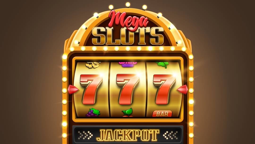 A gold slot machine with lights and three red 7s across its reels against a grey and gold background. The words “Mega Slots” are visible above the reels, and the word “Jackpot” is visible below the reels.