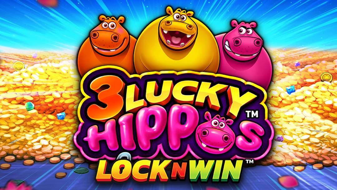 The 3 Lucky Hippos title screen. The background features piles of gold and gems below a bright blue sky. The foreground consists of the 3 Lucky Hippos LockNWin logo, which features orange, yellow, and pink hippos above the text “3 Lucky Hippos LockNWin.” This logo uses bubbly and bold fonts in multiple colours.