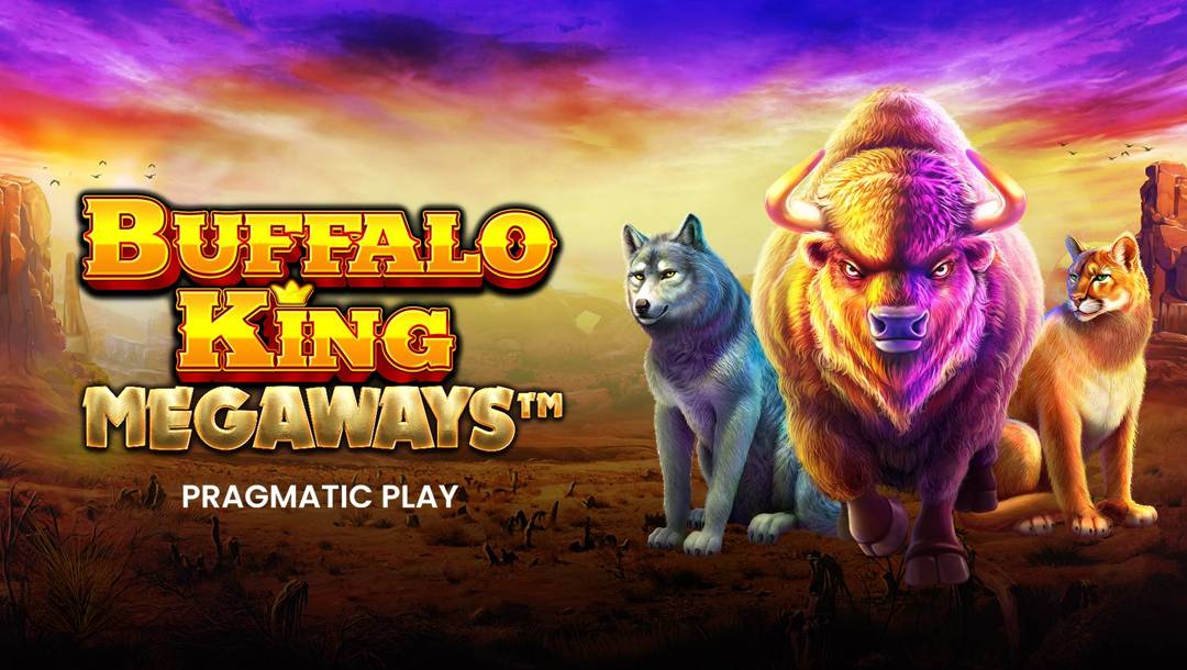 The Buffalo King Megaways title screen. The background is an American desert with a sky of orange, red, and purple hues. In the foreground on the right is a wolf, a puma, and a mighty buffalo. On the right is the game title “Buffalo King Megaways” and the developer name “Pragmatic Play.”