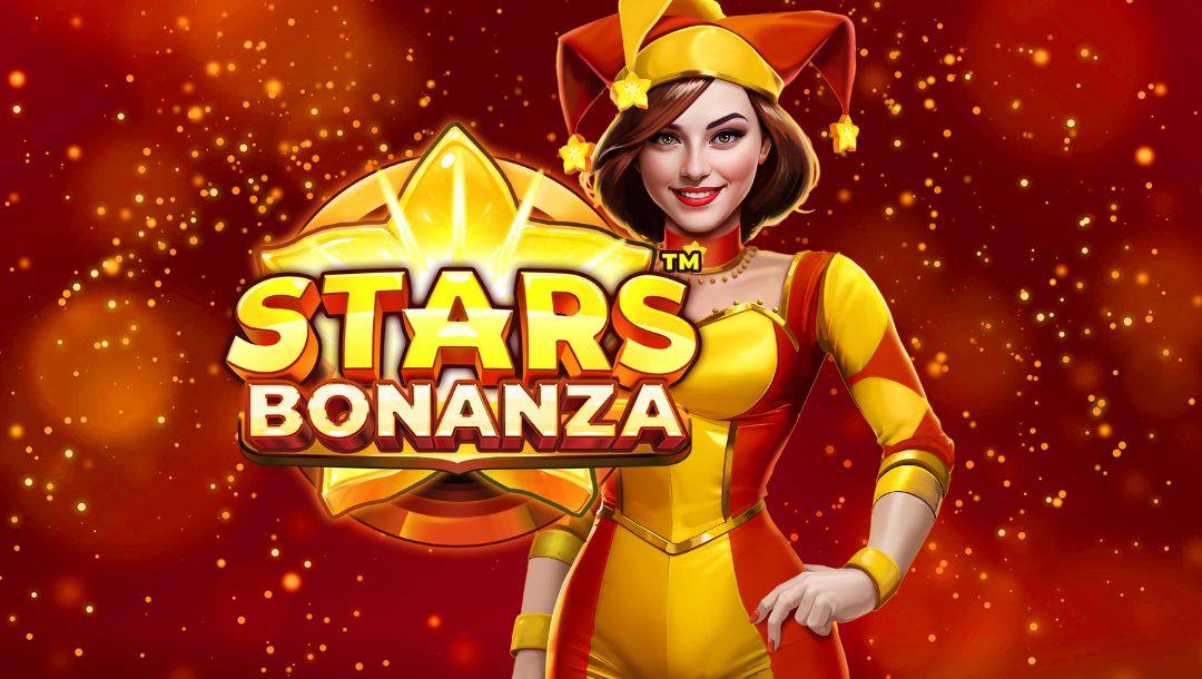 The title screen of Stars Bonanza. A joker character with short brown hair, wearing a red and gold outfit, stands next to the game logo. The background is a deep red decorated with specks of gold in different sizes, almost like the embers of a fire.