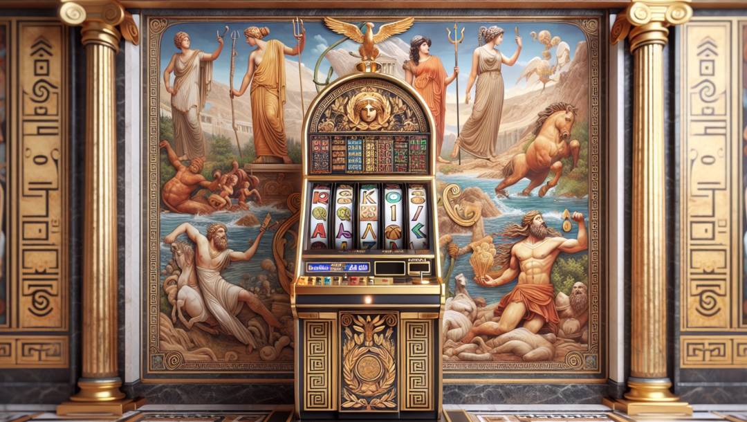 A Greece-themed slot machine inside a Greek-style building. A Greek mural is visible on the wall behind the slot machine. It features a variety of men and women in togas near a lake with beasts and monsters frolicking nearby.