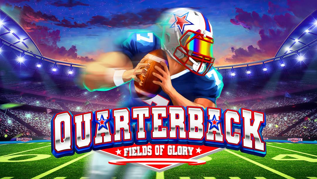 The Quarterback Fields of Glory title screen. The background is a stadium at dusk with lights shining down on a lush football field. In the foreground is a rushing quarterback holding a football near his chest. The game’s title “Quarterback Fields of Glory” is in front of him in a bold font with blue, red, and silver colours.