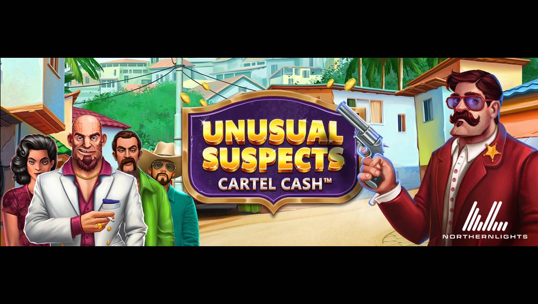 The Unusual Suspects Cartel Cash title screen. The background is a bright and colourful Mexican town. In the foreground on the left are four suspicious characters, including a woman in a red dress, a bald man in a white suit smoking a cigarette, a man in a green suit with a handlebar moustache, and a man in a blue suit wearing sunglasses and a cowboy hat. On the right is the moustached detective wearing a red suit and sunglasses while wielding a six-shooter.