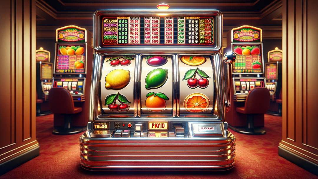 A fruit-themed slot machine in a casino. It’s surrounded by other slot machines, including other fruit-themed games.