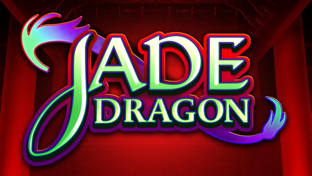 The Jade Dragon title screen. The background is the interior of a red room with palace-like architecture, including an ornately designed roof and red drapes. In the foreground is the game title. The title of the game appears in a light green with white highlights and a dark bold black outline. A red-and-purple design surrounds the text and there’s a dragon-like tail and head on the left and right sides of the title.