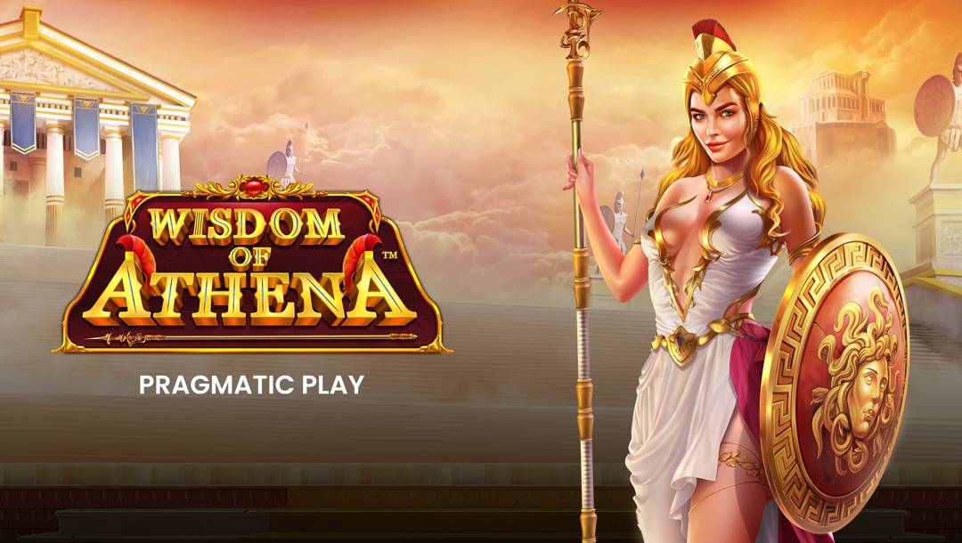 The Wisdom of Athena game banner. The setting is the top of Mount Olympus, with the Halls of Olympus surrounded by golden clouds and dark, golden skies. In the foreground is the goddess of war, Athena, wielding a spear and a shield. To the left of Athena is the game logo and name Wisdom of Athena with an ornate border. Below the game logo and title is the developer name, Pragmatic Play.