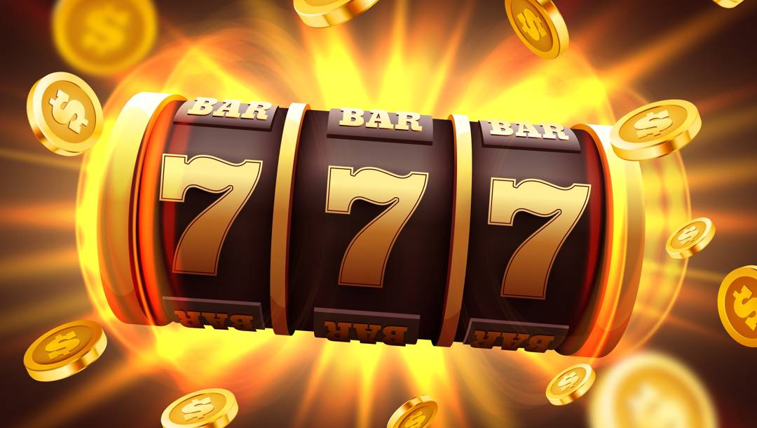 A classic gold and brown slot machine reel in mid-spin, featuring three aligned golden 7 symbols across a black and gold reel with a BAR symbol above each one. Surrounding the reel are animated gold coins with dollar signs, appearing to burst outward. The background features a radiant, fiery glow in shades of gold, orange, and yellow.