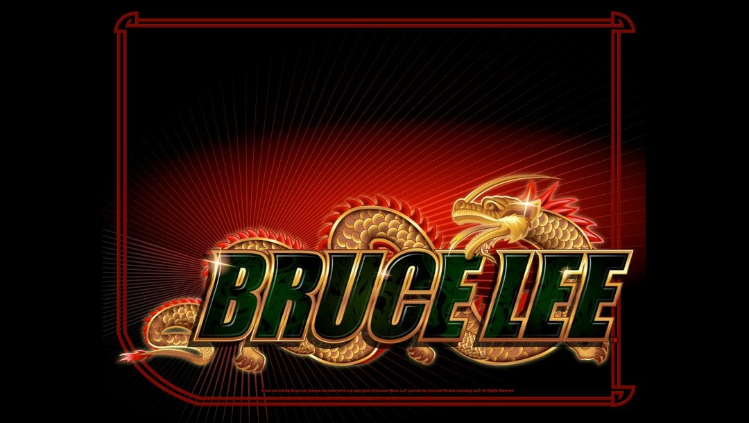 A banner image for the Bruce Lee slot featuring the name “Bruce Lee” in large, embossed green letters with golden trim, centred prominently over a coiled golden dragon with red-tipped spines. The dragon radiates from the centre in a glowing, red burst pattern that extends outward across a dark, black background. The image is framed by an elegant red border with stylized corner flourishes.