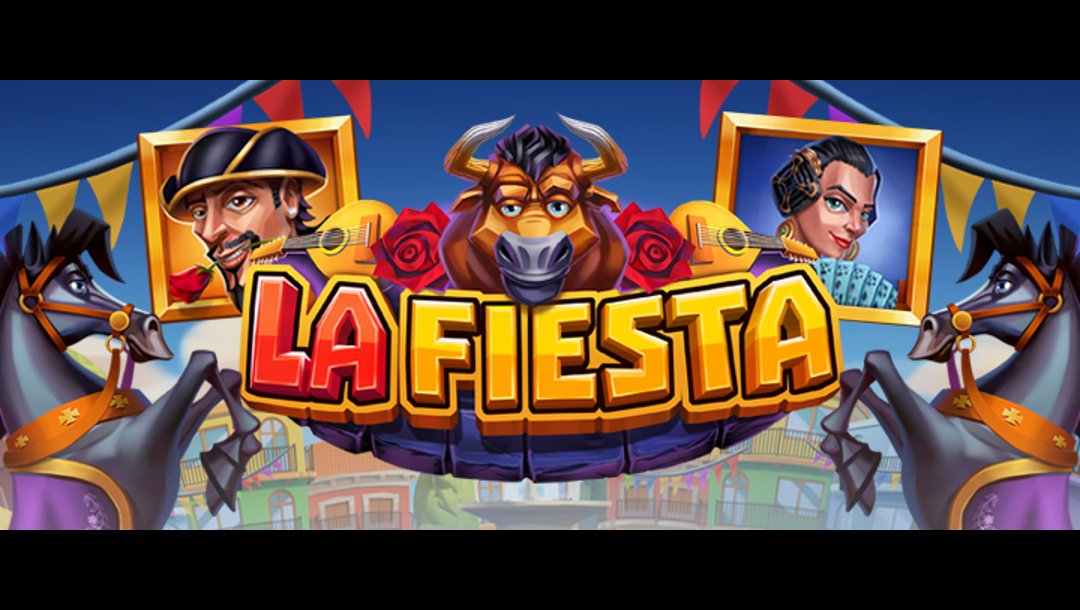 A festive cartoon-style banner image featuring the title La Fiesta in bold, colourful letters across the center, flanked by a cheerful bull wearing a red cape and roses on its horns. On either side of the title are framed portraits of a smiling matador and a glamorous flamenco dancer. The background depicts a sunny Spanish town square with festive bunting, vibrant buildings, and two animated, prancing black horses wearing decorative harnesses in the foreground.