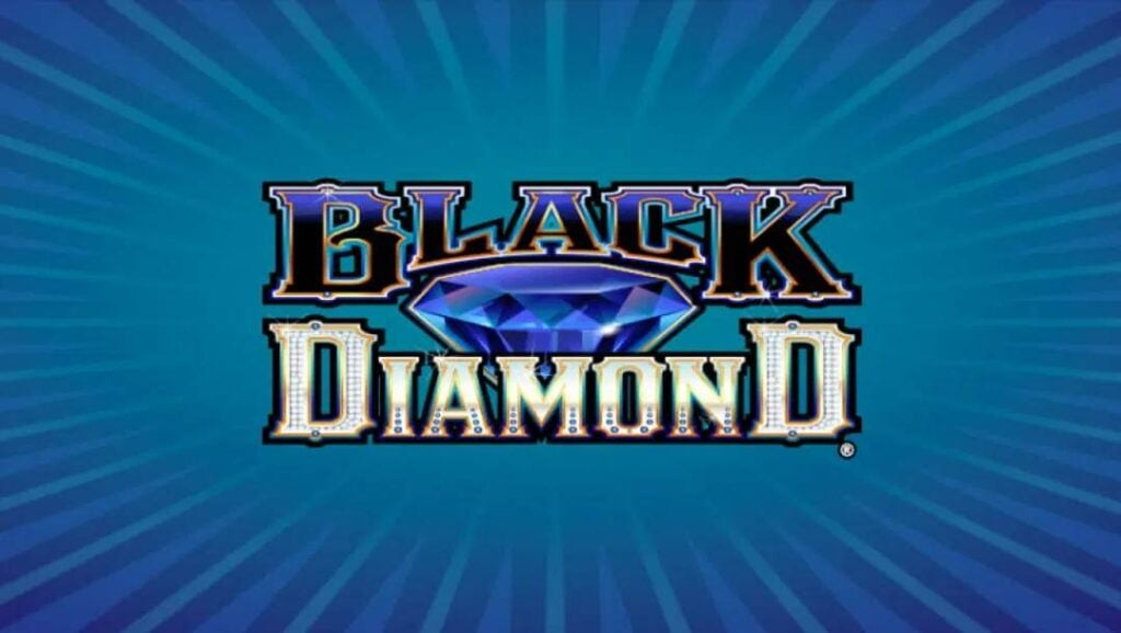 The banner for the Black Diamond slot in bold, marquee-style lettering, separated by a large, faceted sapphire-blue diamond. The letters shimmer with gold, purple, and lightbulb accents, set against a teal background with subtle radial rays that draw the eye to the center.