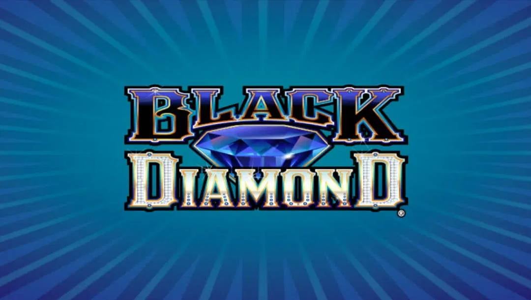 The banner for the Black Diamond slot in bold, marquee-style lettering, separated by a large, faceted sapphire-blue diamond. The letters shimmer with gold, purple, and lightbulb accents, set against a teal background with subtle radial rays that draw the eye to the center.