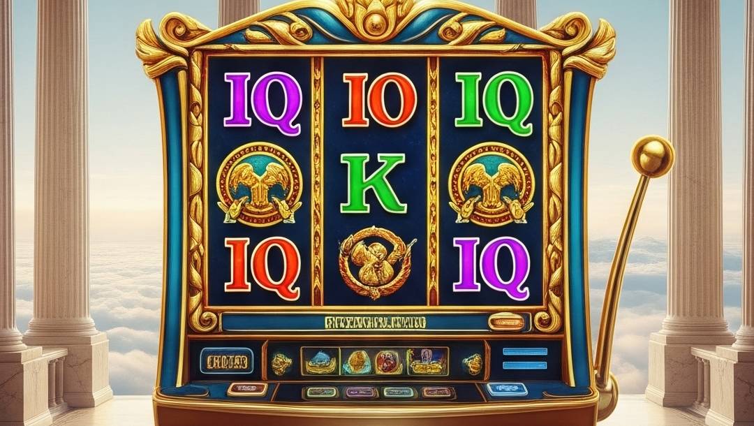 A golden-framed slot machine with three reels shows colourful letter symbols and laurel-wreathed eagles set against a dark blue panel. It stands in a marble-columned hall high above the clouds on Mount Olympus, with a gold lever on the right and ornate buttons along the base.