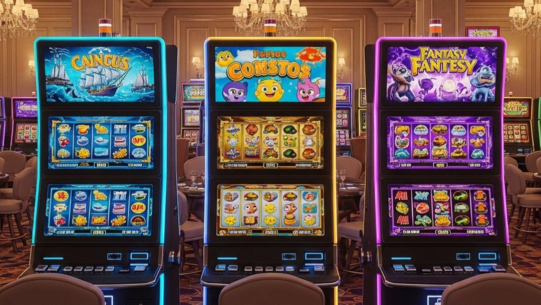 Three brightly illuminated slot machines stand side by side in an elegant casino with chandeliers and plush seating in the background. Each machine has two reel displays and a button interface at the bottom for gameplay.