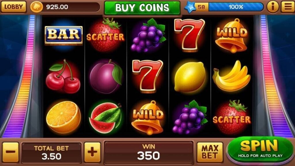 A digital five-reel slot machine interface displaying realistic fruit symbols, lucky sevens, wild bells, and game controls at the bottom.