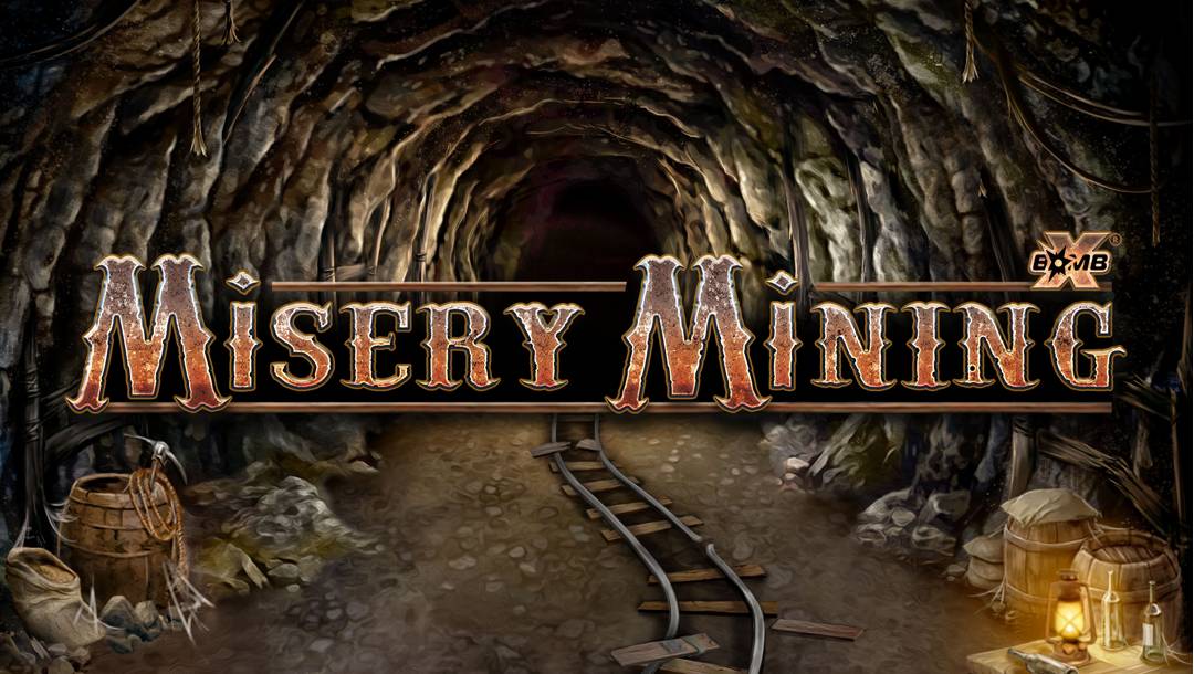 The Misery Mining header showing a dimly-lit mine tunnel with broken tracks and mining props, featuring the game title Misery Mining in bold, rustic letters.