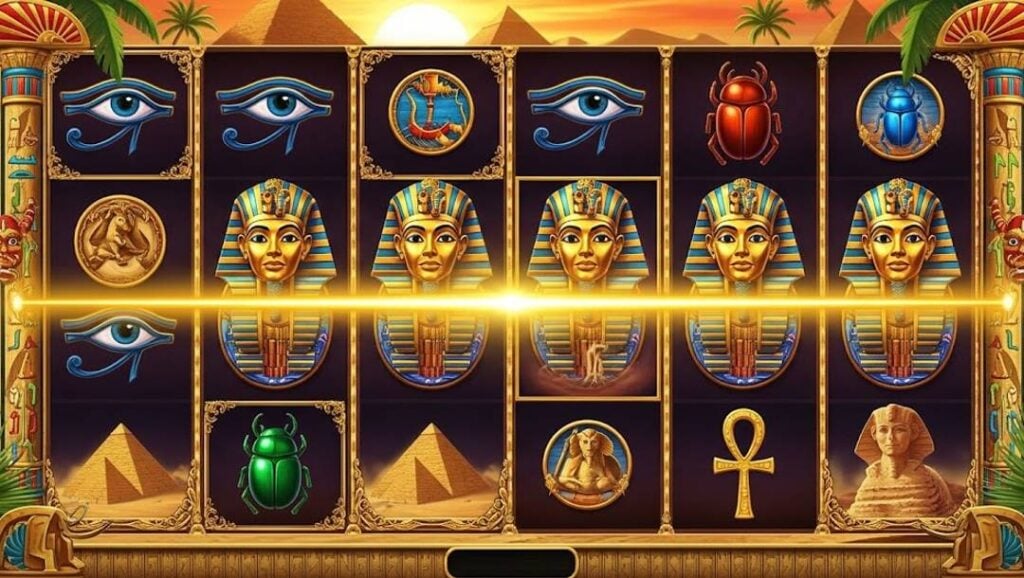 A fictional Egyptian-themed slot with five reels, showing pharaoh masks and a glowing winning line across the center row.