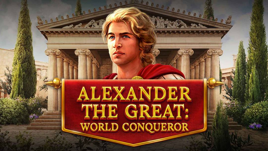 The Alexander the Great: World Conqueror header image. It features a portrait of Alexander against a Greek template surrounded by a garden.