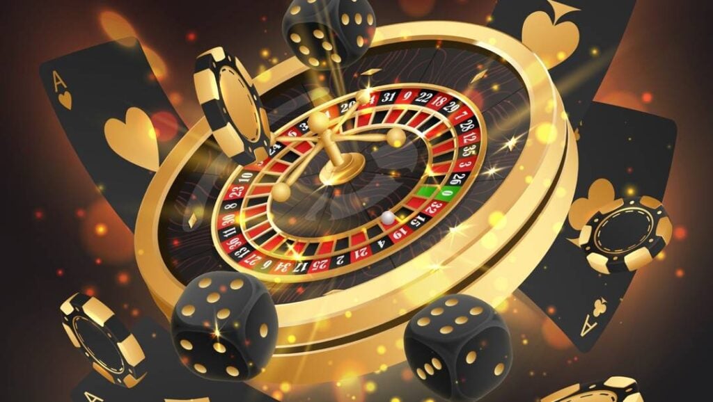 A 3D illustration featuring a glowing golden roulette wheel surrounded by floating black and gold dice, playing cards, and casino chips.