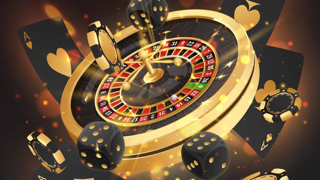 A 3D illustration featuring a glowing golden roulette wheel surrounded by floating black and gold dice, playing cards, and casino chips.