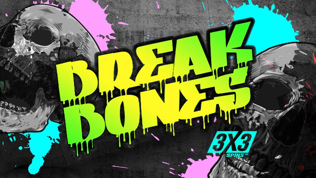 he Break Bones header against a concrete background. There are splatters of pink and blue paint on the concrete. In front of the wall are two grey skulls as well as the game title in neon green and yellow.