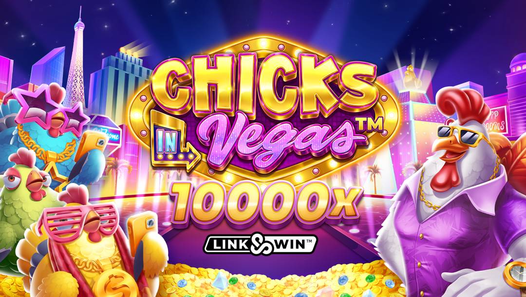 The header image for Chicks in Vegas. It features cartoon chickens in flashy Vegas outfits with neon lights, gold coins, and the text "Chicks in Vegas 10000x".
